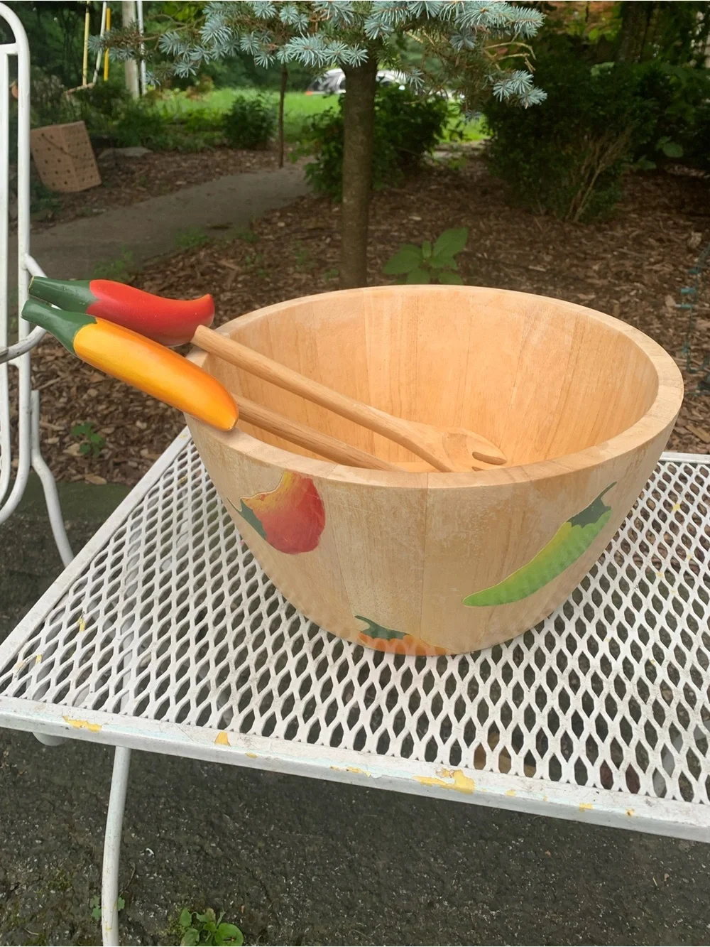 Clay Art Wooden Salad Bowl Colorful Chili Pepper Handles Serving Set Kitchen